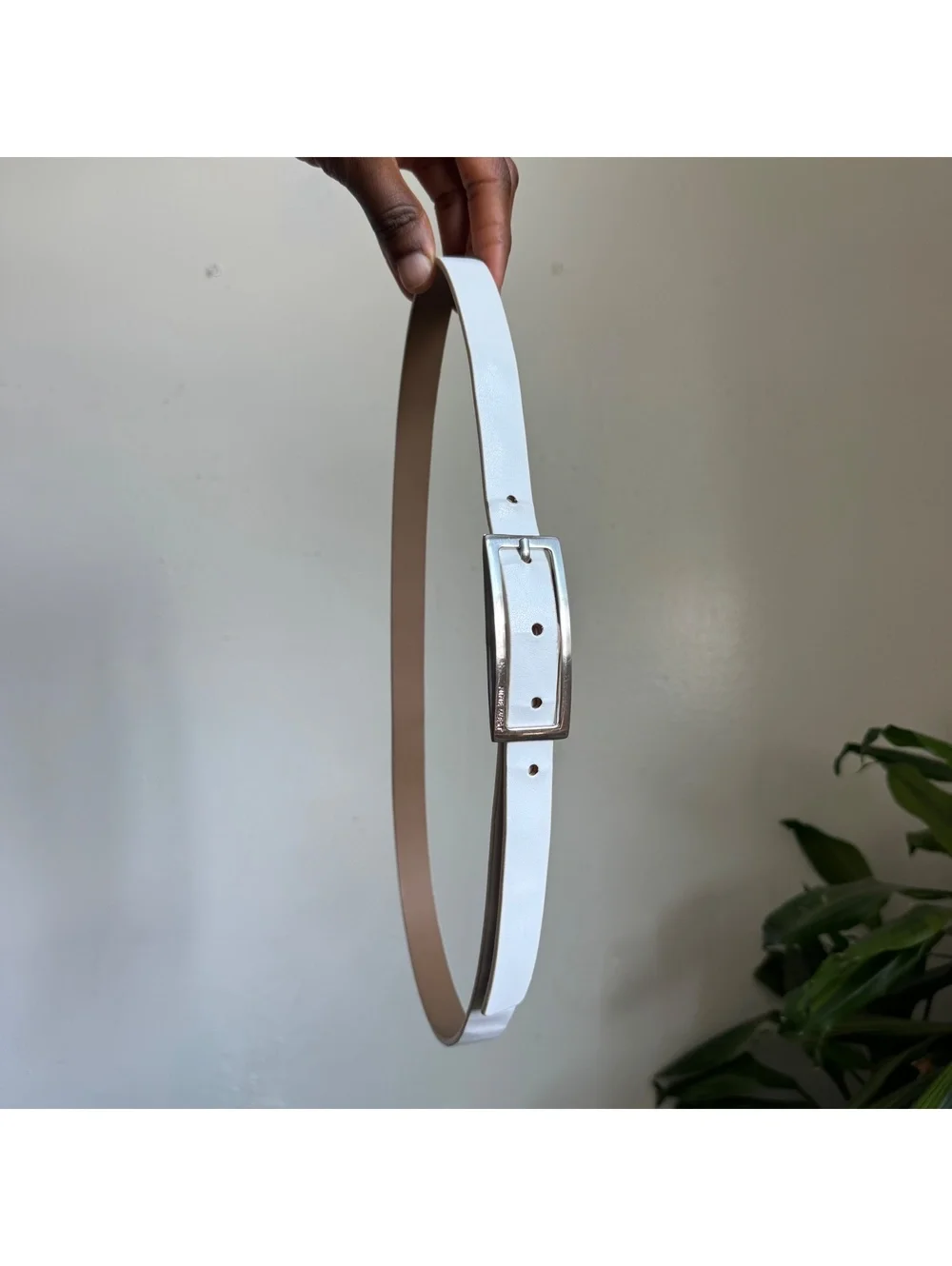 Nine West White Skinny Belt Silver Rectangle Buckle Fits M-L